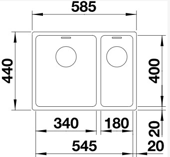 Схема встраивания 1 для мойки Blanco Andano 340/180-IF нержавеющая сталь полированная чаша справа клапан-автомат InFino 522973
