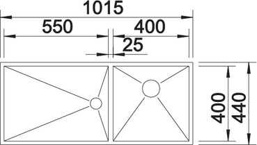 Схема встраивания для мойки Blanco Zerox 400/550-T-IF/N нержавеющая сталь полированная клапан-автомат InFino 521603
