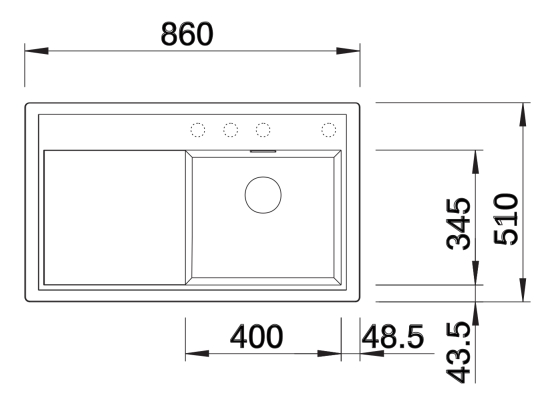 Схема встраивания 1 для мойки Blanco ZENAR 45S-1 кофе чаша справа клапан-автомат InFino 523798