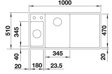 Схема встраивания 1 для мойки Blanco AXIA III 6 S черный чаша слева клапан-автомат InFino 525848
