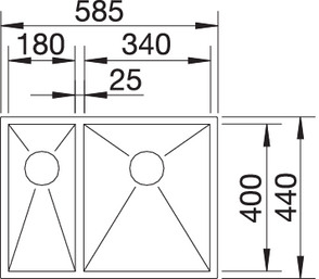 Схема встраивания для мойки Blanco Zerox 340/180-IF/N нержавеющая сталь полированная чаша слева клапан-автомат InFino 521611