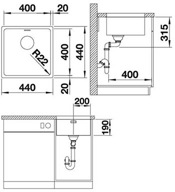Схема встраивания для мойки Blanco Andano 400-U нержавеющая сталь полированная 522959