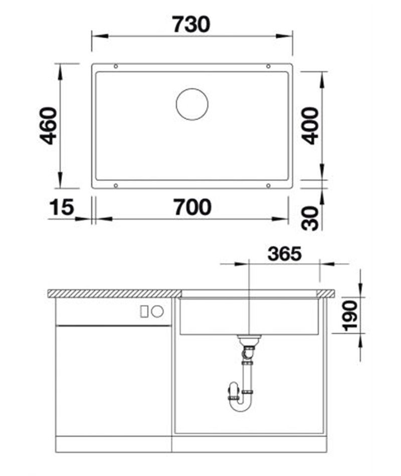 Схема встраивания 1 для мойки Blanco SUBLINE 700-U SILGRANIT черный клапан-автомат InFino 526001