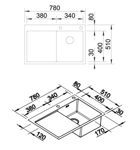 Схема встраивания для мойки Blanco Claron 4S-IF/A крыло нержавеющая сталь полированная чаша слева клапан-автомат InFino 521624