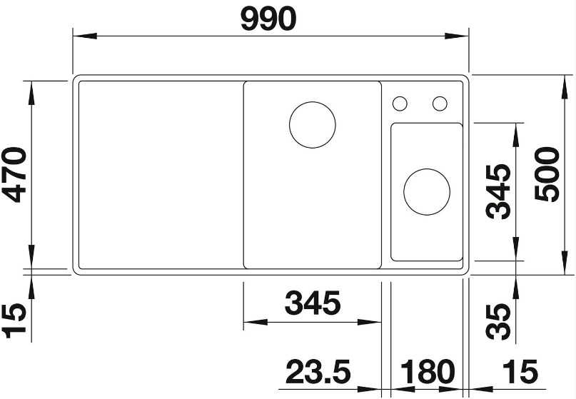 Схема встраивания 1 для мойки Blanco AXIA III 6 S-F кофе чаша справа клапан-автомат InFino 523488