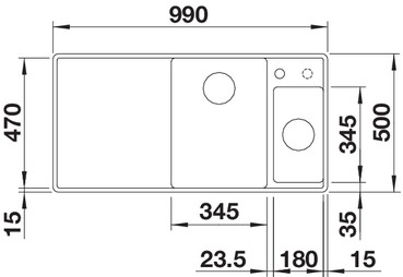 Схема встраивания 1 для мойки Blanco AXIA III 6 S-F черный чаша справа клапан-автомат InFino 525854