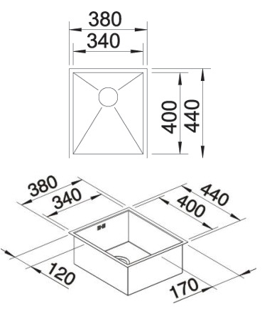 Схема встраивания для мойки Blanco Zerox 340-U нержавеющая сталь полированная клапан-автомат InFino 521583