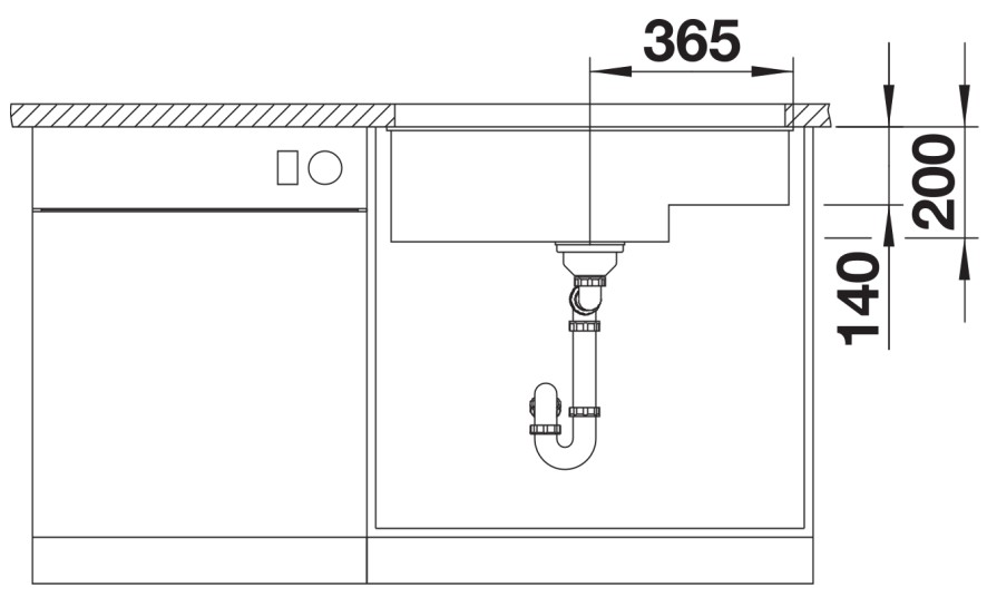 Схема встраивания 1 для мойки BLANCO SUBLINE 700-U Level Silgranit мягкий белый чаша слева клапан-автомат InFino 527172