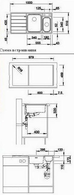 Схема встраивания для мойки Blanco Axis II 6 S-IF нержавеющая сталь полированная чаша справа 516529