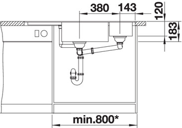 Схема встраивания 3 для мойки Blanco DELTA II-F алюметаллик чаша справа клапан-автомат InFino 523672