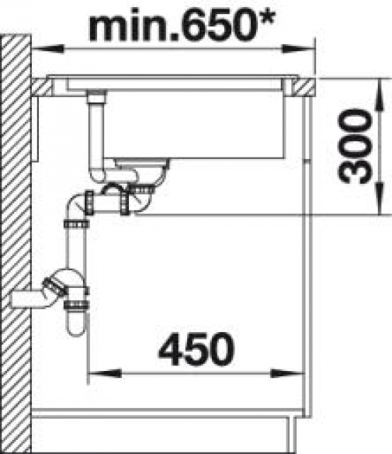 Схема встраивания 2 для мойки Blanco DELTA II темная скала чаша справа клапан-автомат InFino 523657