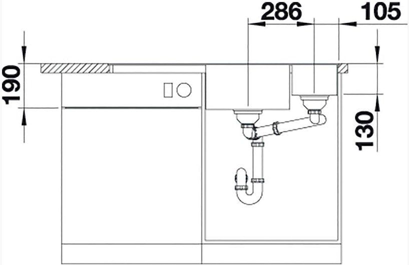 Схема встраивания 3 для мойки Blanco AXIA III 6 S-F алюметаллик чаша справа клапан-автомат InFino 523485