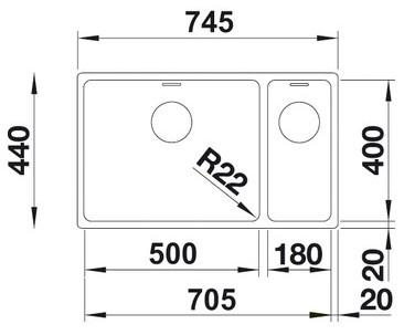 Схема встраивания 3 для мойки Blanco Andano 500/180-U нержавеющая сталь полированная чаша справа 520827