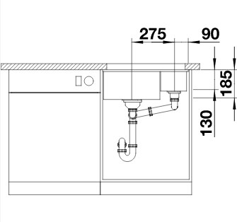 Схема встраивания 3 для мойки Blanco SUBLINE 350/150-U черный клапан-автомат InFino 523747