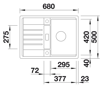 Схема встраивания 1 для мойки Blanco Lexa 40 S SILGRANIT PuraDur отводная арматура InFino® антрацит клапан-автомат InFino 524890