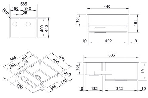 Схема встраивания для мойки Blanco Claron 340/180-U нержавеющая сталь полированная чаша слева 521609
