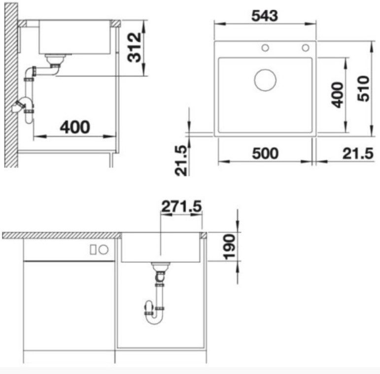 Схема встраивания 4 для мойки Blanco SUBLINE 500-IF/A антрацит клапан-автомат InFino 524111