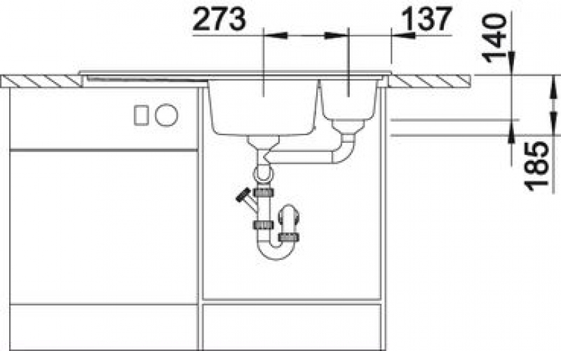 Схема встраивания 2 для мойки Blanco Axon II 6 S черный чаша справа клапан-автомат InFino 524149